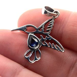Blue Sapphire .72ct Platinum Finish Solid 925 Sterling Silver Pendant